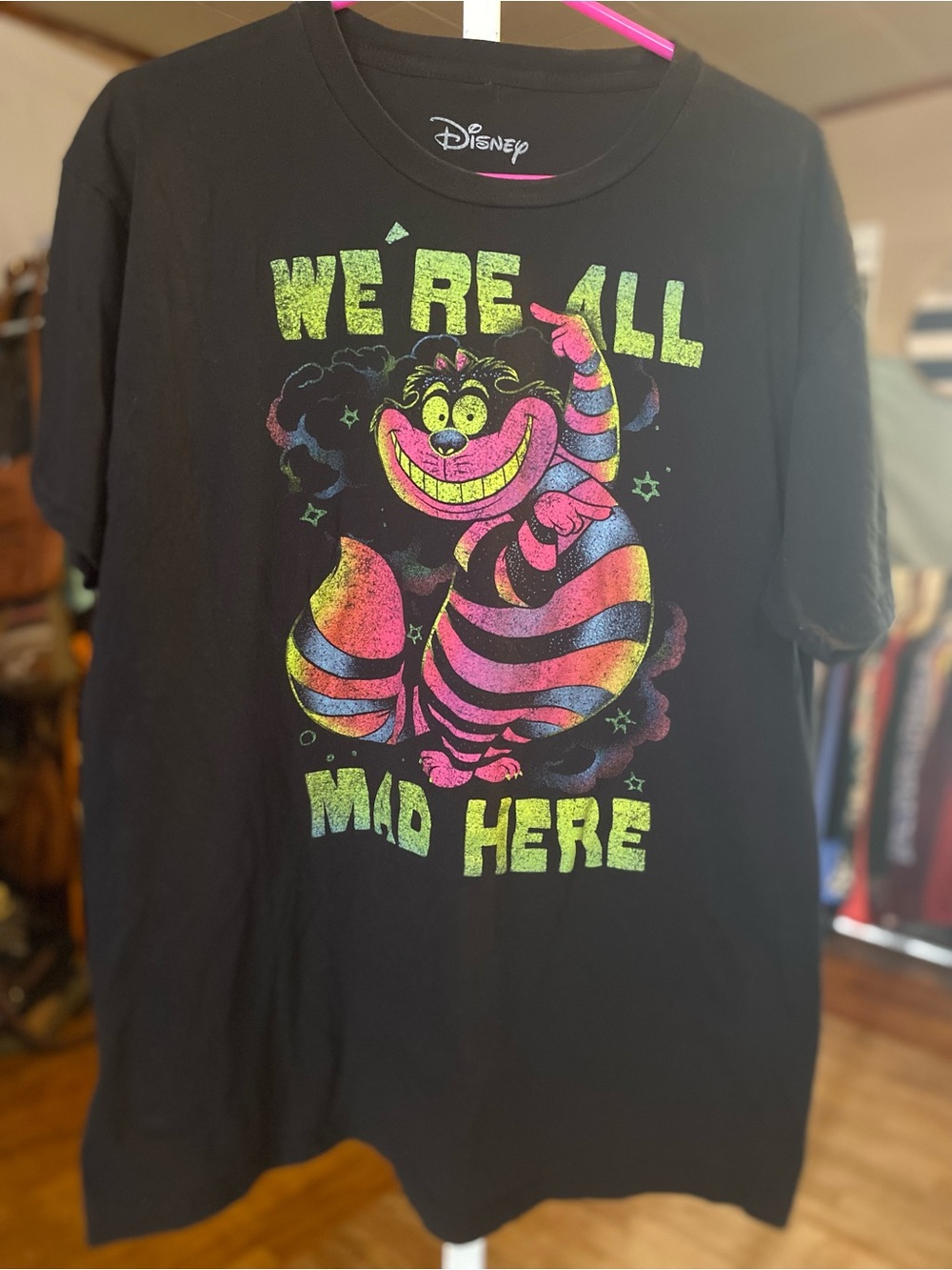 Disney Black Tee with Neon Rainbow Cheshire Cat Graphic